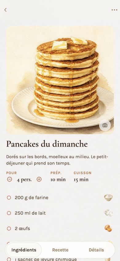 Carnet : fiche des pancakes, portions et ingrédients